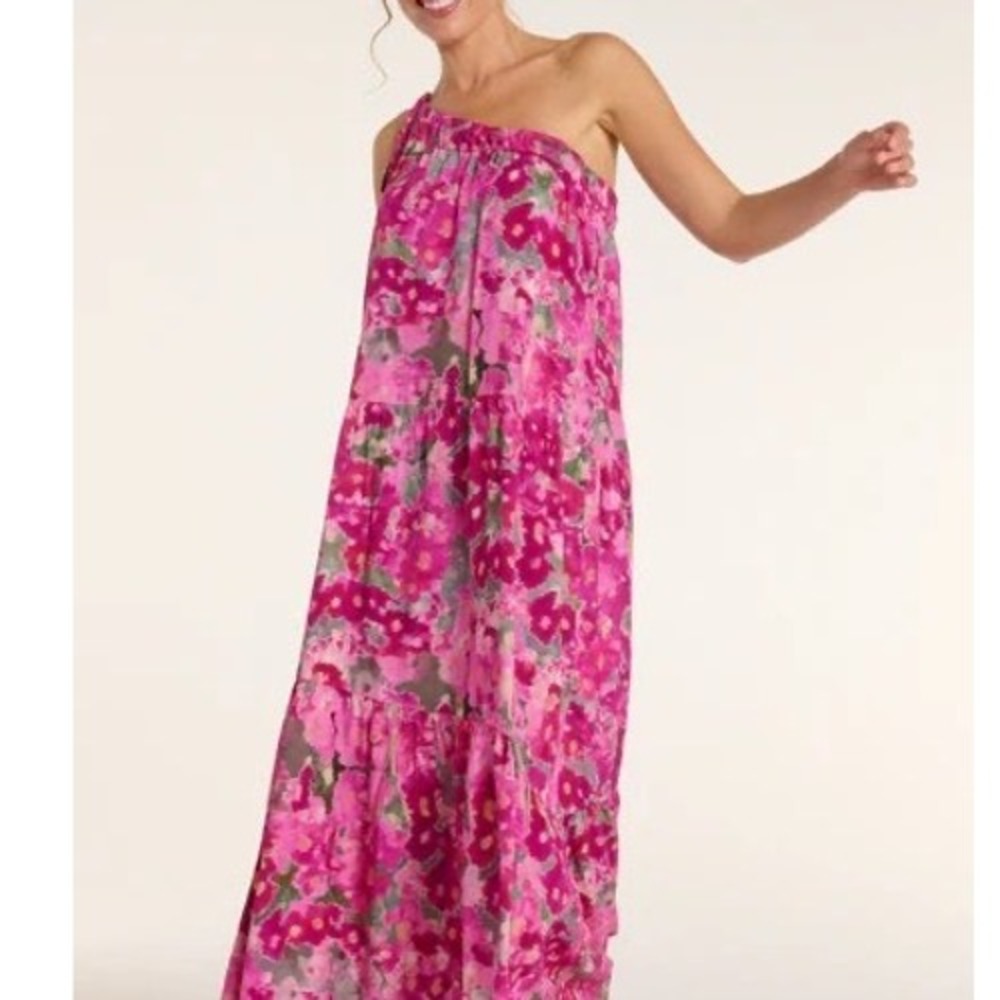 Hermoza Joyce One-Shoulder Tie Dress Scarlet Ikat Pink Floral Maxi Small NEW